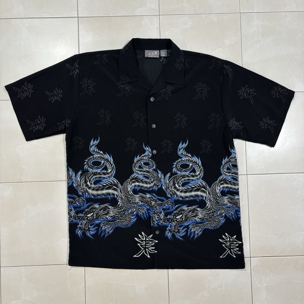 Vintage Blue Dragon Button Shirt Men's Large Y2K Western Ricky Skate Grunge Punk